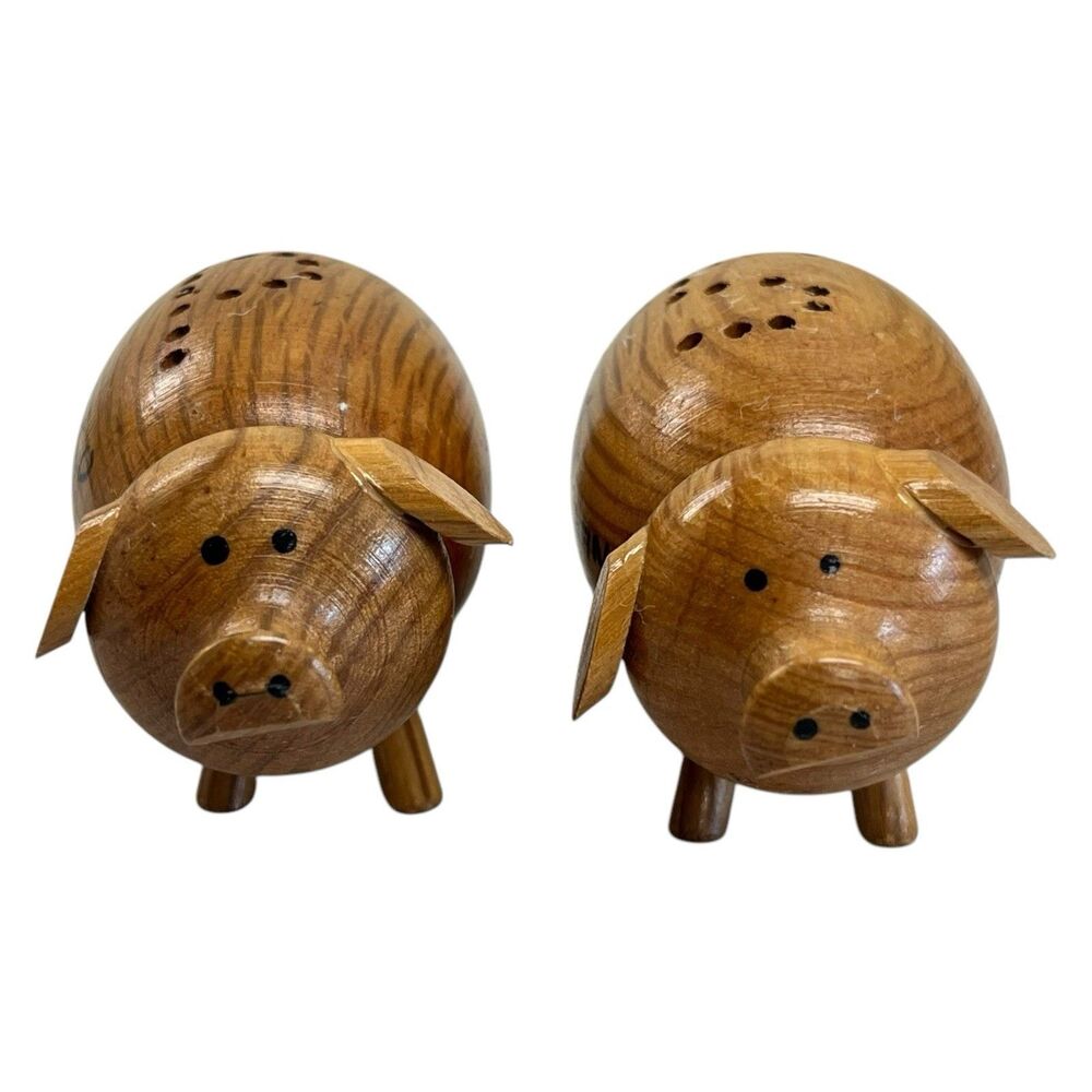Vintage Handmade Wood Pig Salt & Pepper Shakers Set Made In Spain Puerto Rico‎